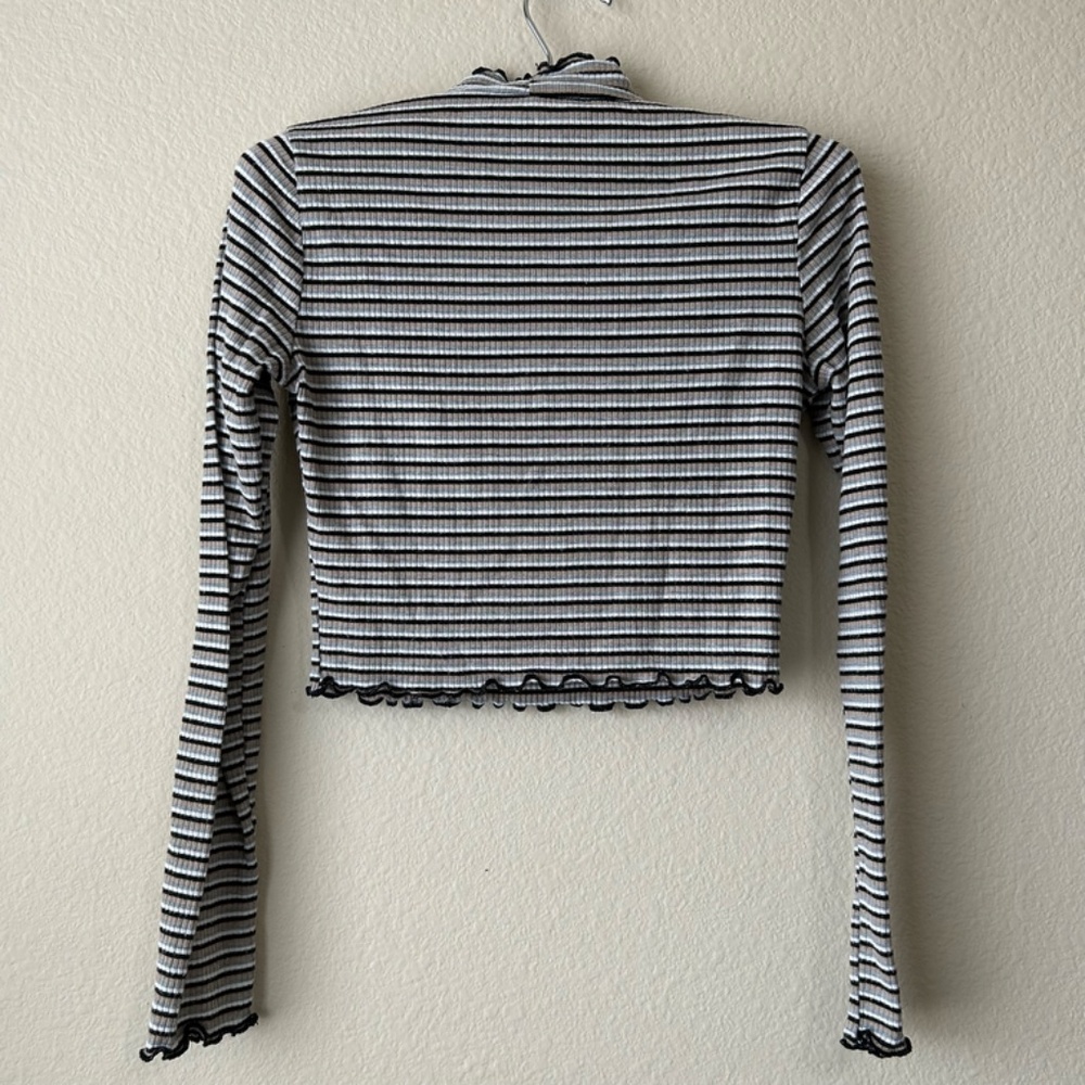Crop Top Long Sleeve Stripe Tan Black Gray Cream Ruffle Edge by Agaci Size Small - Picture 6 of 12